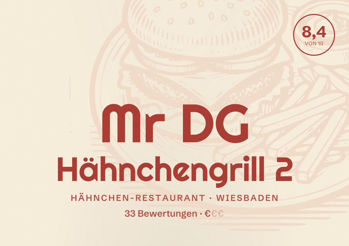 Illustriertes Poster von Mr DG Hähnchengrill 2, Hähnchen-Restaurant in Wiesbaden: Bewertung 8,4 von 10 aus 33 Bewertungen, Preisniveau €