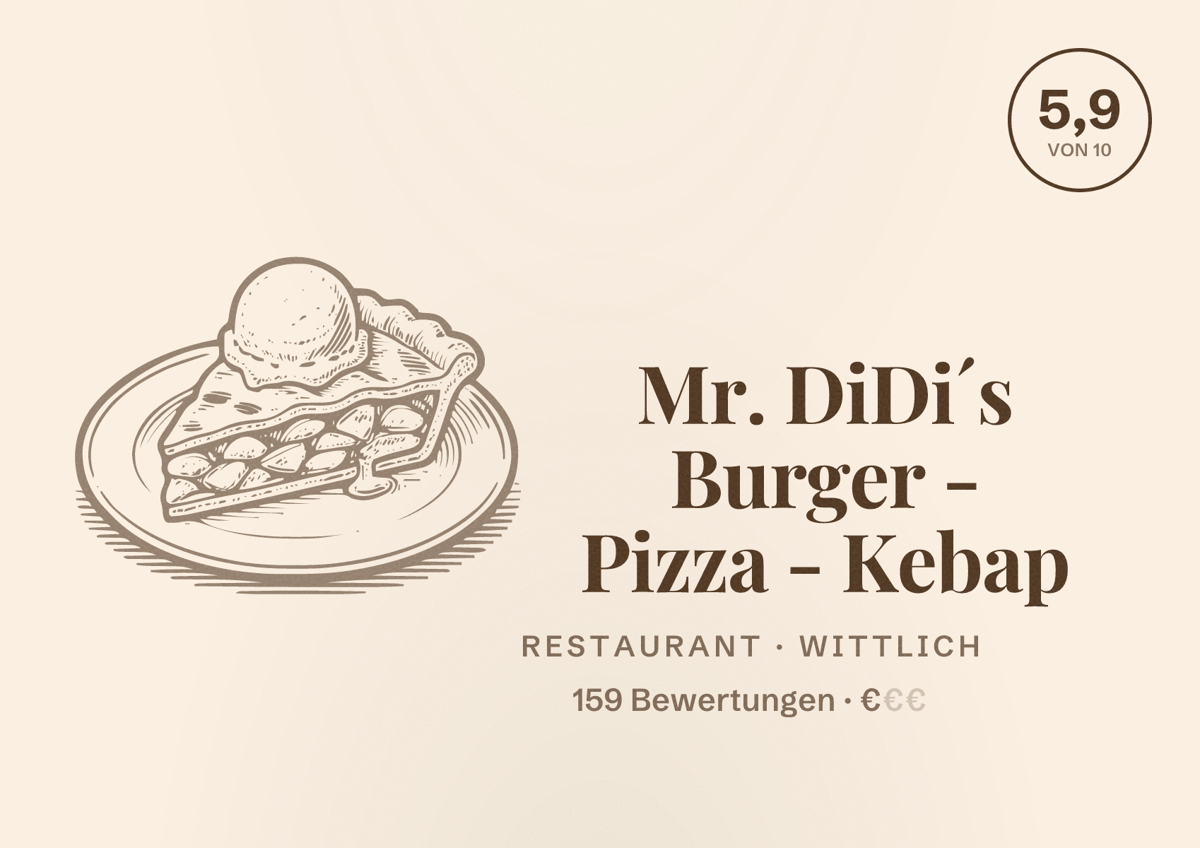Illustriertes Poster von Mr. DiDi´s Burger - Pizza - Kebap, Restaurant in Wittlich: Bewertung 5,9 von 10 aus 159 Bewertungen, Preisniveau €