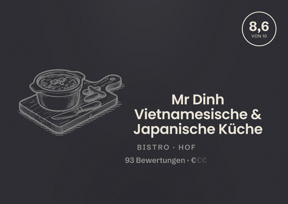 Illustriertes Poster von Mr Dinh Vietnamesische & Japanische Küche, Bistro in Hof: Bewertung 8,6 von 10 aus 93 Bewertungen, Preisniveau €