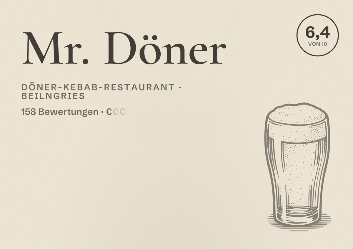 Illustriertes Poster von Mr. Döner, Döner-Kebab-Restaurant in Beilngries: Bewertung 6,4 von 10 aus 158 Bewertungen, Preisniveau €