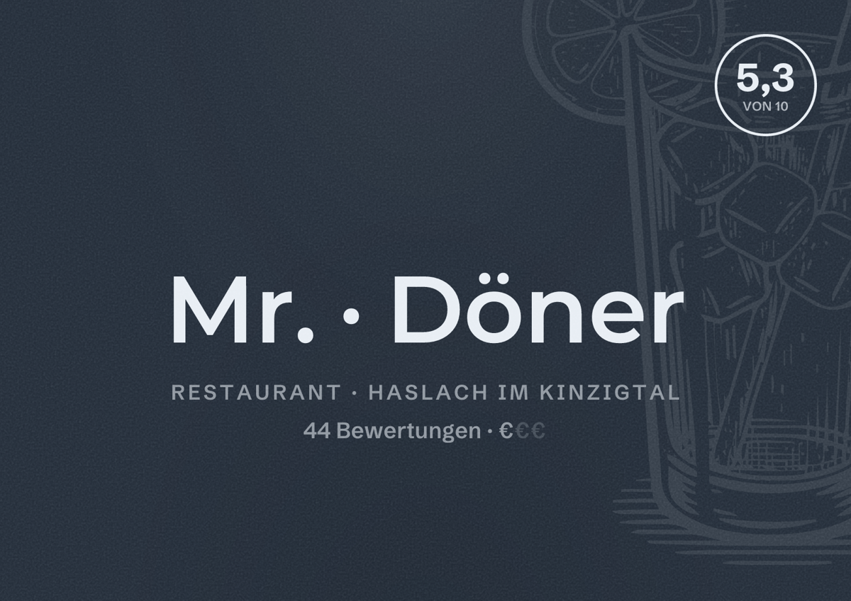 Illustriertes Poster von Mr. Döner, Restaurant in Haslach im Kinzigtal: Bewertung 5,3 von 10 aus 44 Bewertungen, Preisniveau €