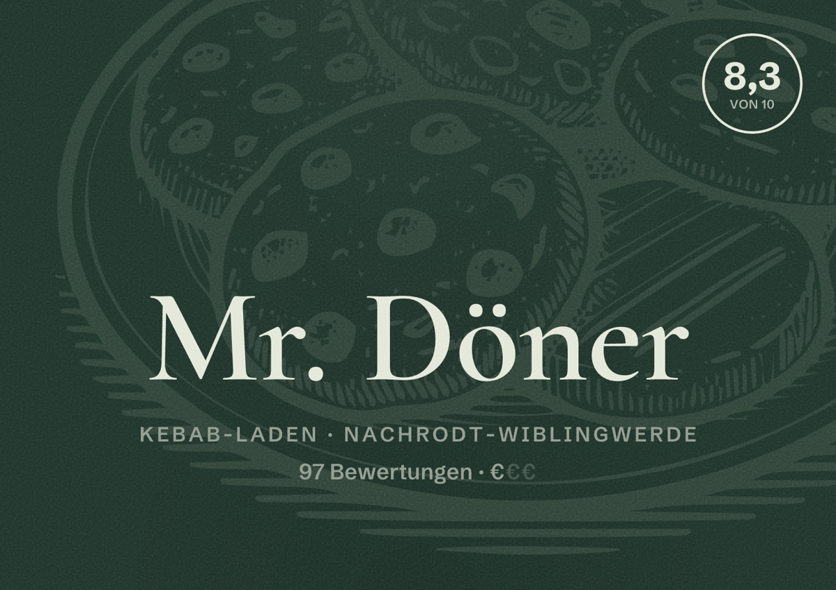 Illustriertes Poster von Mr. Döner, Kebab-Laden in Nachrodt-Wiblingwerde: Bewertung 8,3 von 10 aus 97 Bewertungen, Preisniveau €