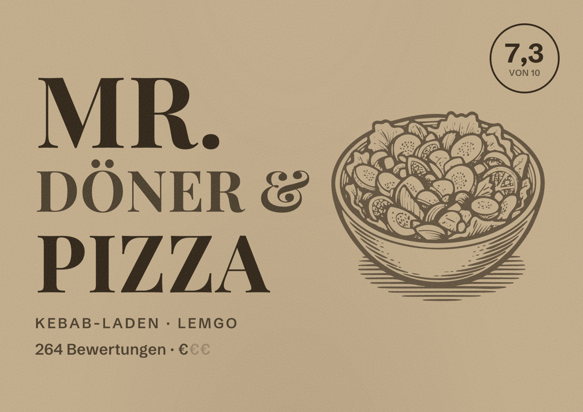 Illustriertes Poster von Mr. Döner & Pizza, Kebab-Laden in Lemgo: Bewertung 7,3 von 10 aus 264 Bewertungen, Preisniveau €