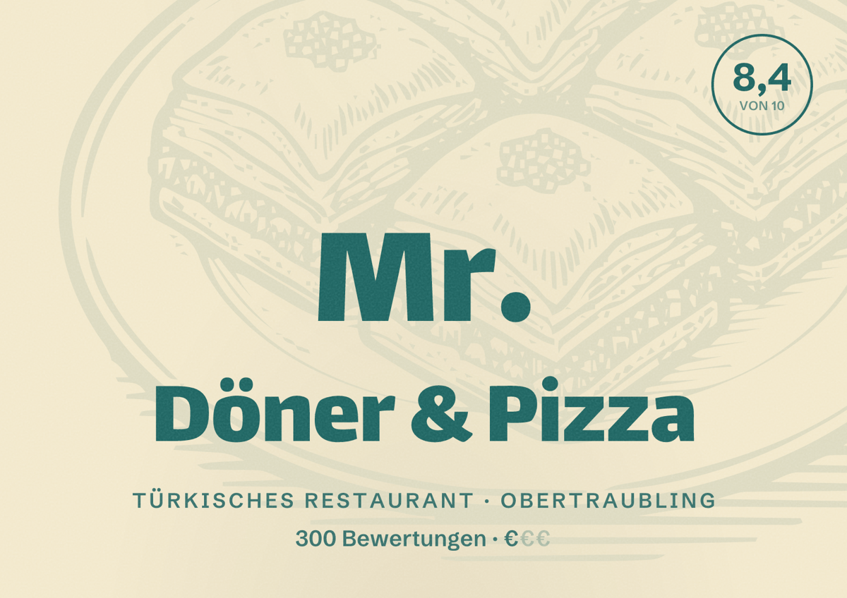 Illustriertes Poster von Mr. Döner & Pizza, Türkisches Restaurant in Obertraubling: Bewertung 8,4 von 10 aus 300 Bewertungen, Preisniveau €
