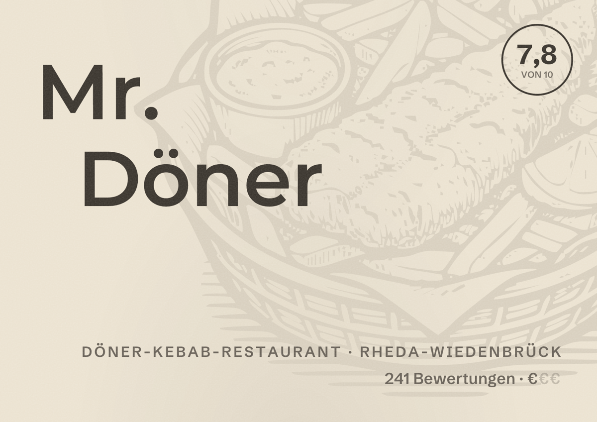 Illustriertes Poster von Mr. Döner, Döner-Kebab-Restaurant in Rheda-Wiedenbrück: Bewertung 7,8 von 10 aus 241 Bewertungen, Preisniveau €