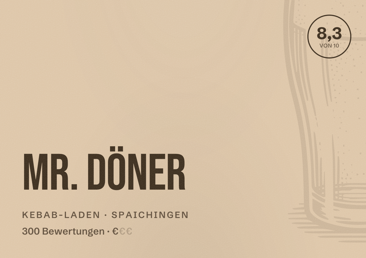 Illustriertes Poster von Mr. Döner, Kebab-Laden in Spaichingen: Bewertung 8,3 von 10 aus 300 Bewertungen, Preisniveau €