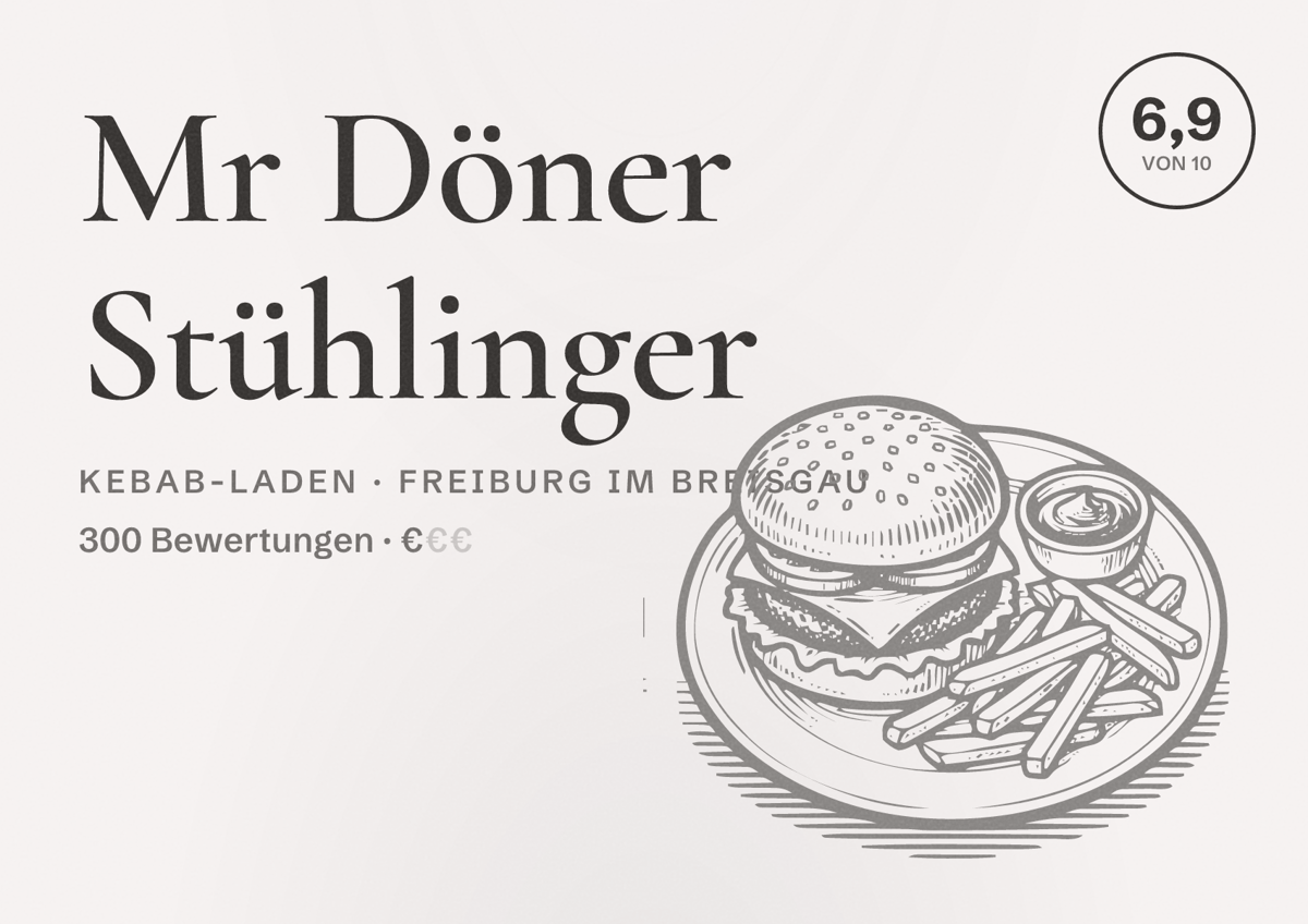 Illustriertes Poster von Mr Döner Stühlinger, Kebab-Laden in Freiburg im Breisgau: Bewertung 6,9 von 10 aus 300 Bewertungen, Preisniveau €