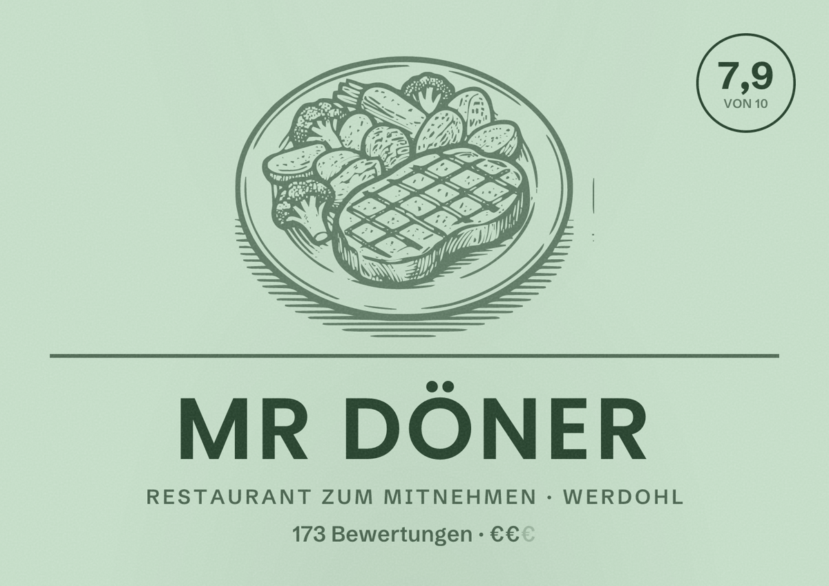 Illustriertes Poster von Mr Döner, Restaurant zum Mitnehmen in Werdohl: Bewertung 7,9 von 10 aus 173 Bewertungen, Preisniveau €€