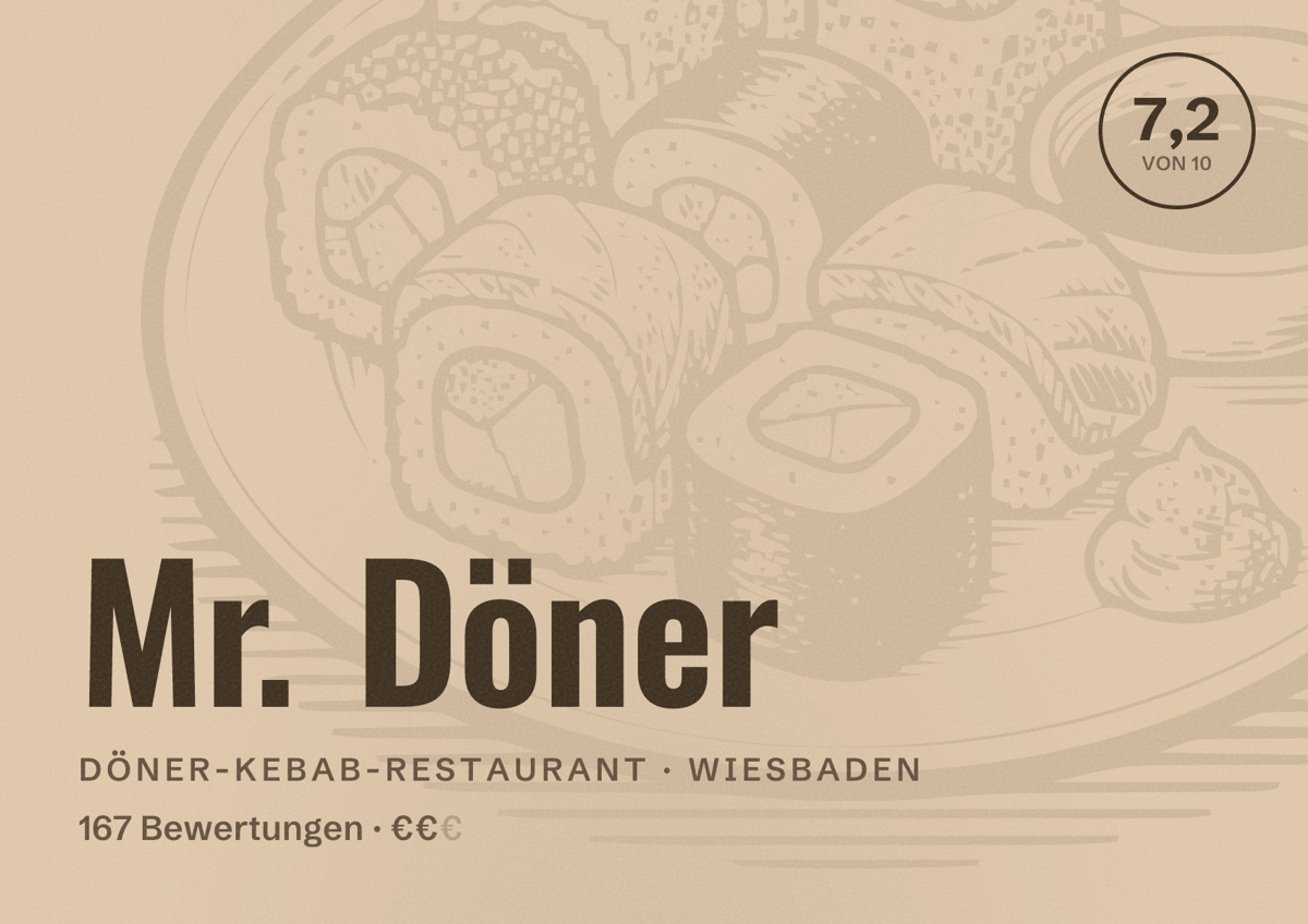 Illustriertes Poster von Mr. Döner, Döner-Kebab-Restaurant in Wiesbaden: Bewertung 7,2 von 10 aus 167 Bewertungen, Preisniveau €€