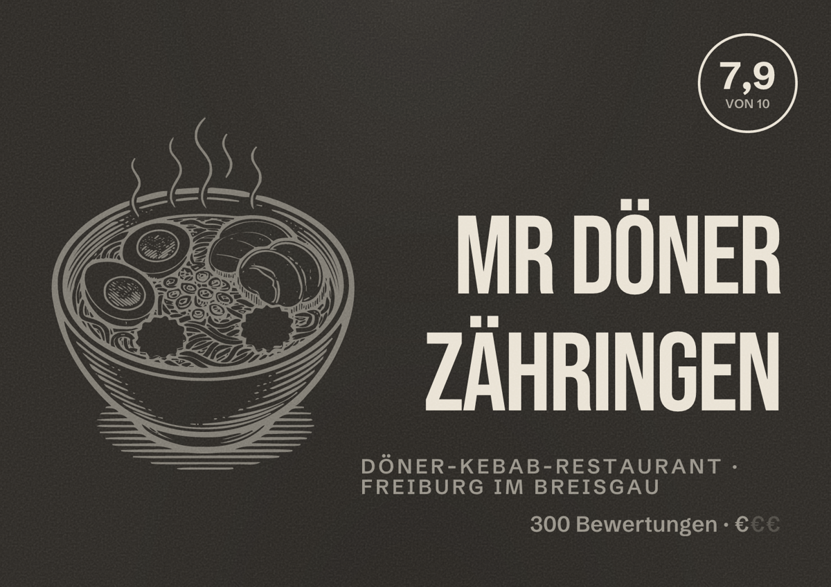 Illustriertes Poster von Mr Döner Zähringen, Döner-Kebab-Restaurant in Freiburg im Breisgau: Bewertung 7,9 von 10 aus 300 Bewertungen, Preisniveau €