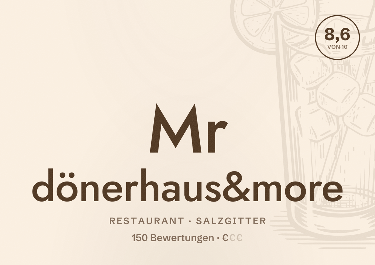 Illustriertes Poster von Mr dönerhaus&more, Restaurant in Salzgitter: Bewertung 8,6 von 10 aus 150 Bewertungen, Preisniveau €