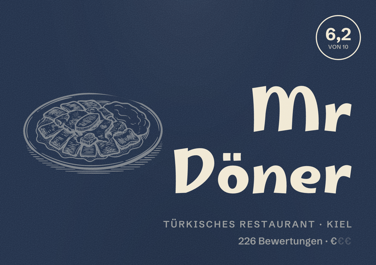 Illustriertes Poster von Mr Döner, Türkisches Restaurant in Kiel: Bewertung 6,2 von 10 aus 226 Bewertungen, Preisniveau €