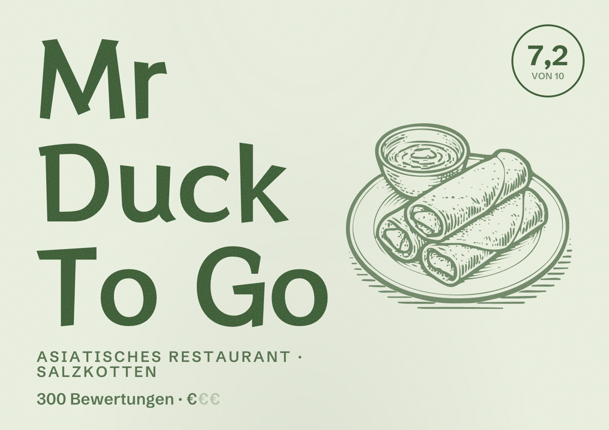 Illustriertes Poster von Mr Duck To Go, Asiatisches Restaurant in Salzkotten: Bewertung 7,2 von 10 aus 300 Bewertungen, Preisniveau €
