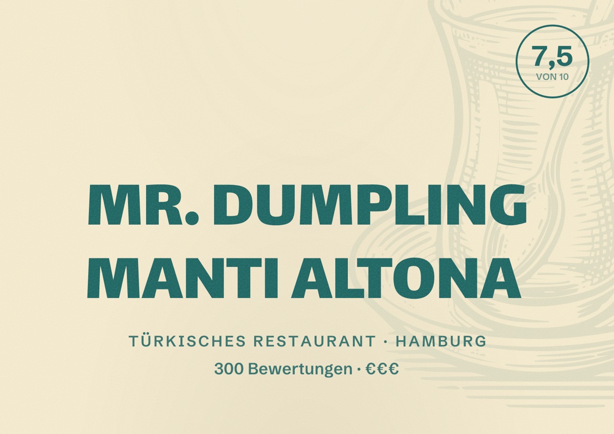 Illustriertes Poster von MR. DUMPLING MANTI ALTONA, Türkisches Restaurant in Hamburg: Bewertung 7,5 von 10 aus 300 Bewertungen, Preisniveau €€€