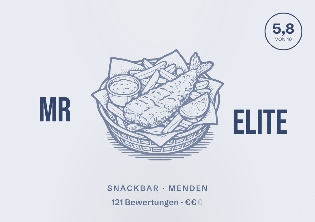 Illustriertes Poster von Mr Elite, Snackbar in Menden: Bewertung 5,8 von 10 aus 121 Bewertungen, Preisniveau €€