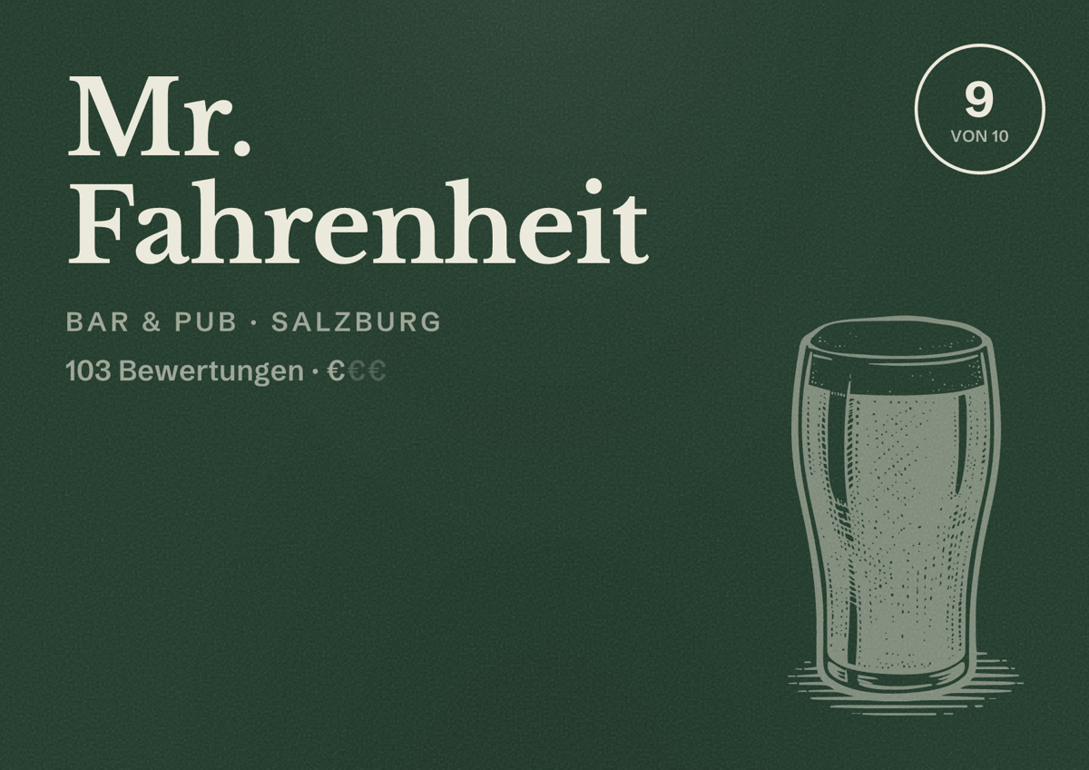 Illustriertes Poster von Mr. Fahrenheit, Bar & Pub in Salzburg: Bewertung 9 von 10 aus 103 Bewertungen, Preisniveau €
