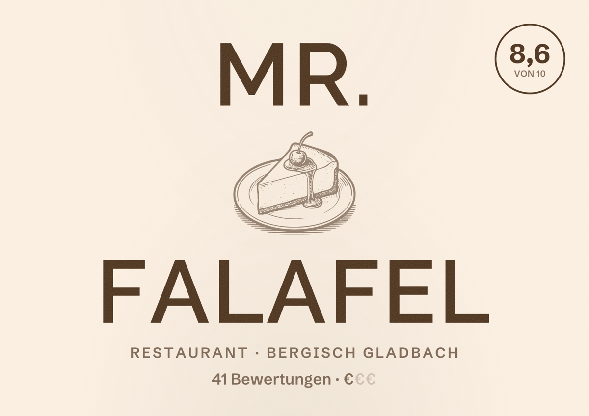 Illustriertes Poster von Mr. Falafel, Restaurant in Bergisch Gladbach: Bewertung 8,6 von 10 aus 41 Bewertungen, Preisniveau €