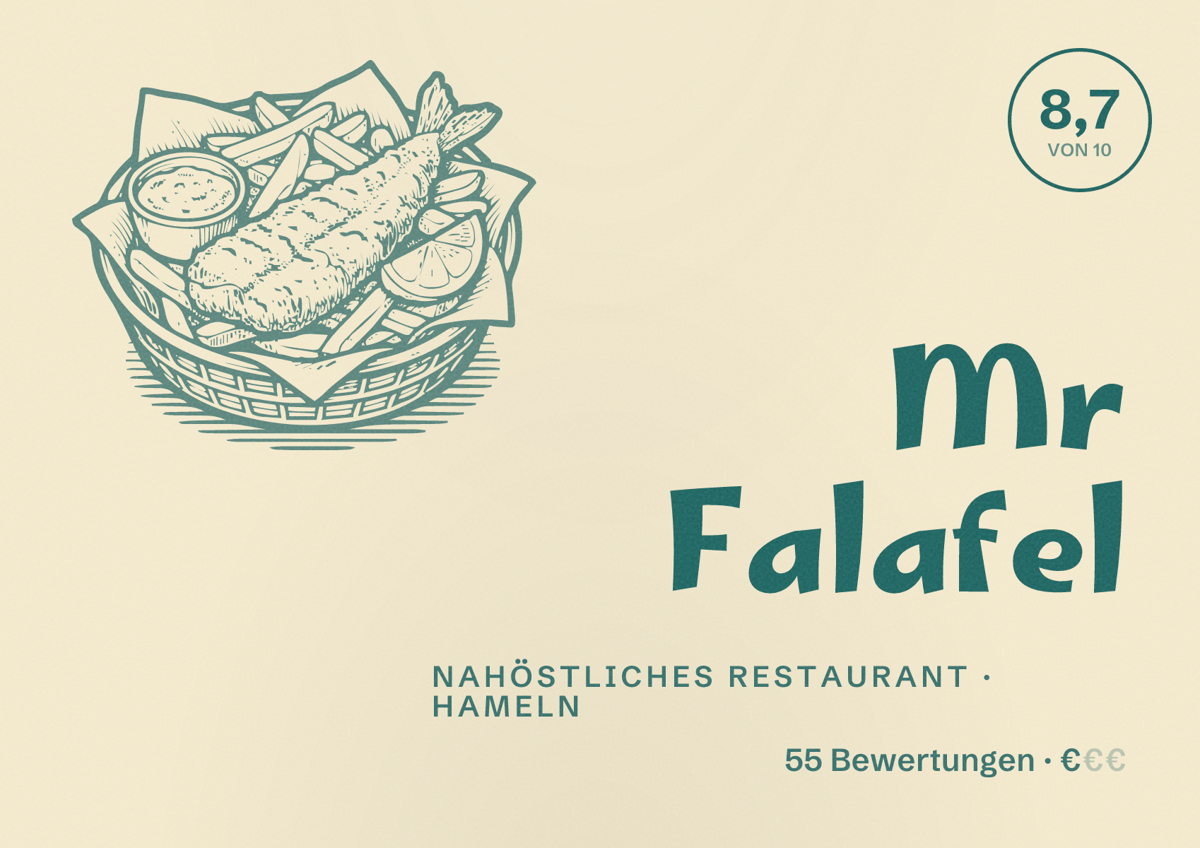Illustriertes Poster von Mr Falafel, Nahöstliches Restaurant in Hameln: Bewertung 8,7 von 10 aus 55 Bewertungen, Preisniveau €