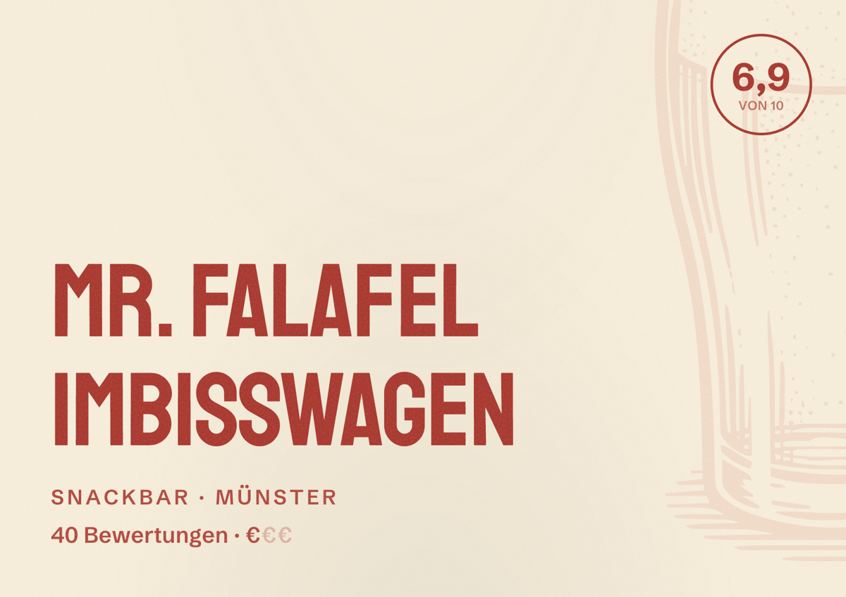 Illustriertes Poster von Mr. Falafel Imbisswagen, Snackbar in Münster: Bewertung 6,9 von 10 aus 40 Bewertungen, Preisniveau €