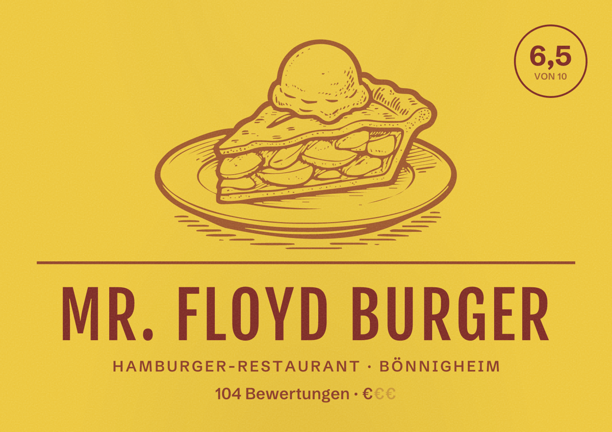 Illustriertes Poster von Mr. Floyd Burger, Hamburger-Restaurant in Bönnigheim: Bewertung 6,5 von 10 aus 104 Bewertungen, Preisniveau €