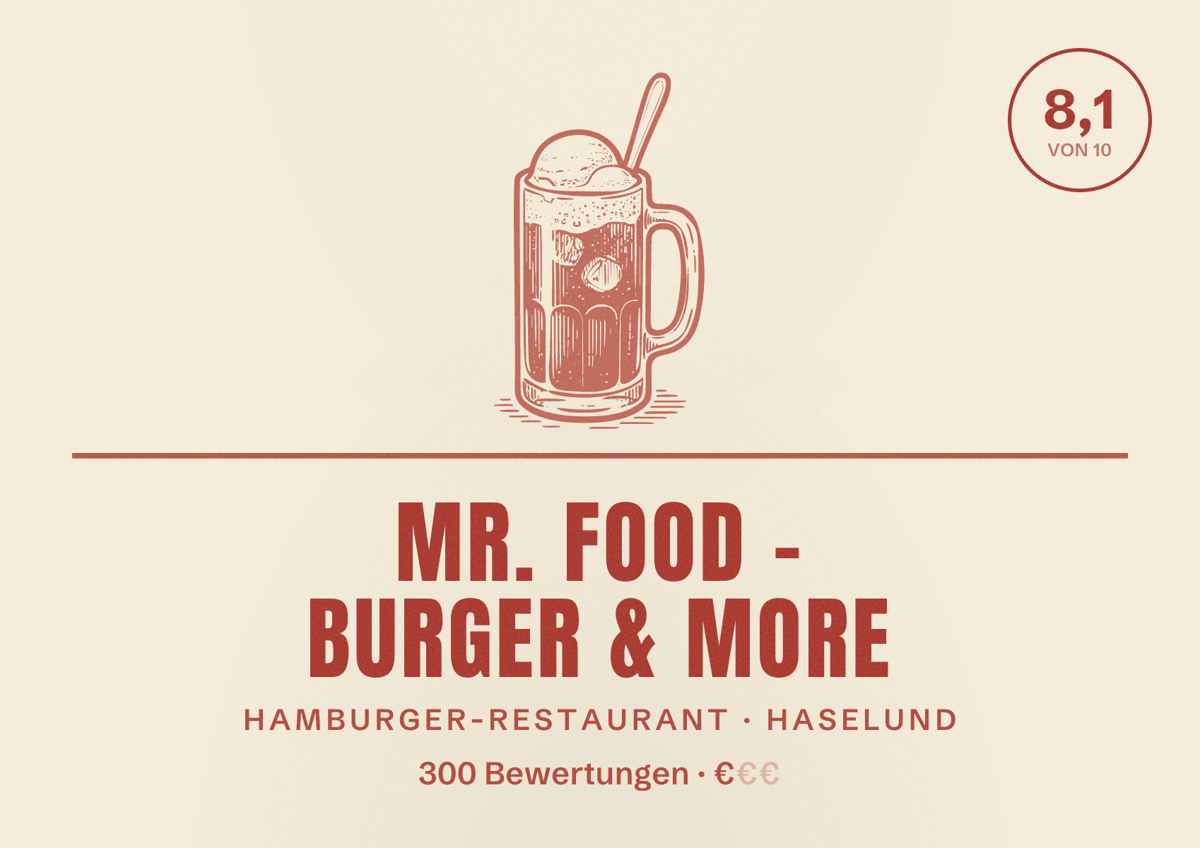 Illustriertes Poster von Mr. Food - Burger & More, Hamburger-Restaurant in Haselund: Bewertung 8,1 von 10 aus 300 Bewertungen, Preisniveau €