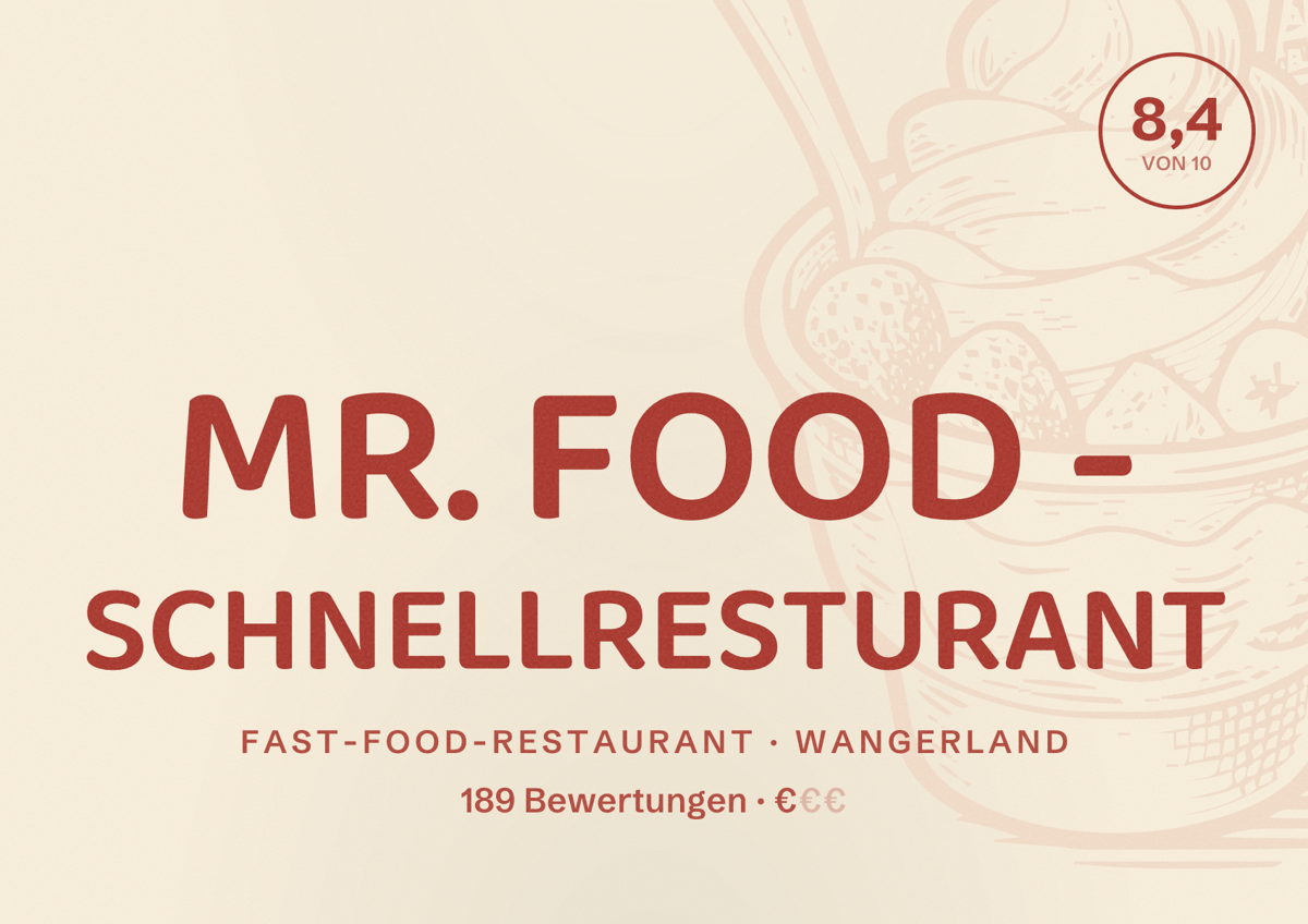 Illustriertes Poster von MR. FOOD - SCHNELLRESTURANT, Fast-Food-Restaurant in Wangerland: Bewertung 8,4 von 10 aus 189 Bewertungen, Preisniveau €