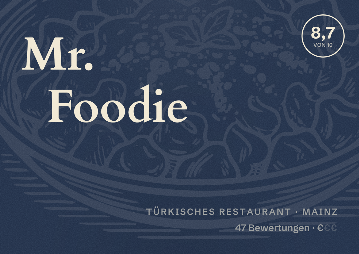 Illustriertes Poster von Mr. Foodie, Türkisches Restaurant in Mainz: Bewertung 8,7 von 10 aus 47 Bewertungen, Preisniveau €
