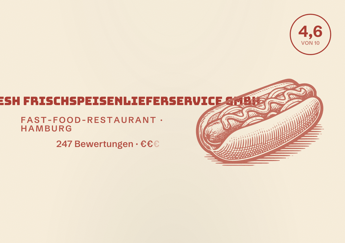 Illustriertes Poster von Mr. Fresh Frischspeisenlieferservice GmbH, Fast-Food-Restaurant in Hamburg: Bewertung 4,6 von 10 aus 247 Bewertungen, Preisniveau €€