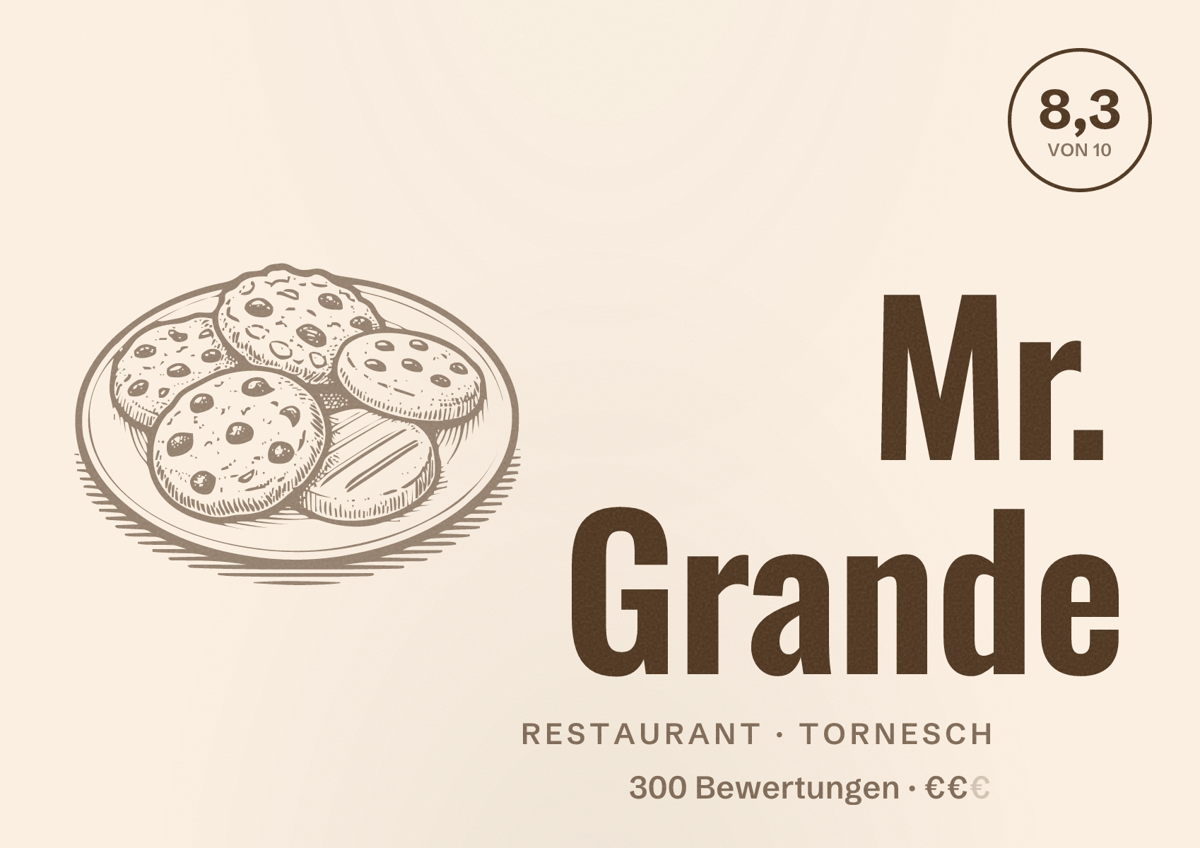 Illustriertes Poster von Mr. Grande, Restaurant in Tornesch: Bewertung 8,3 von 10 aus 300 Bewertungen, Preisniveau €€