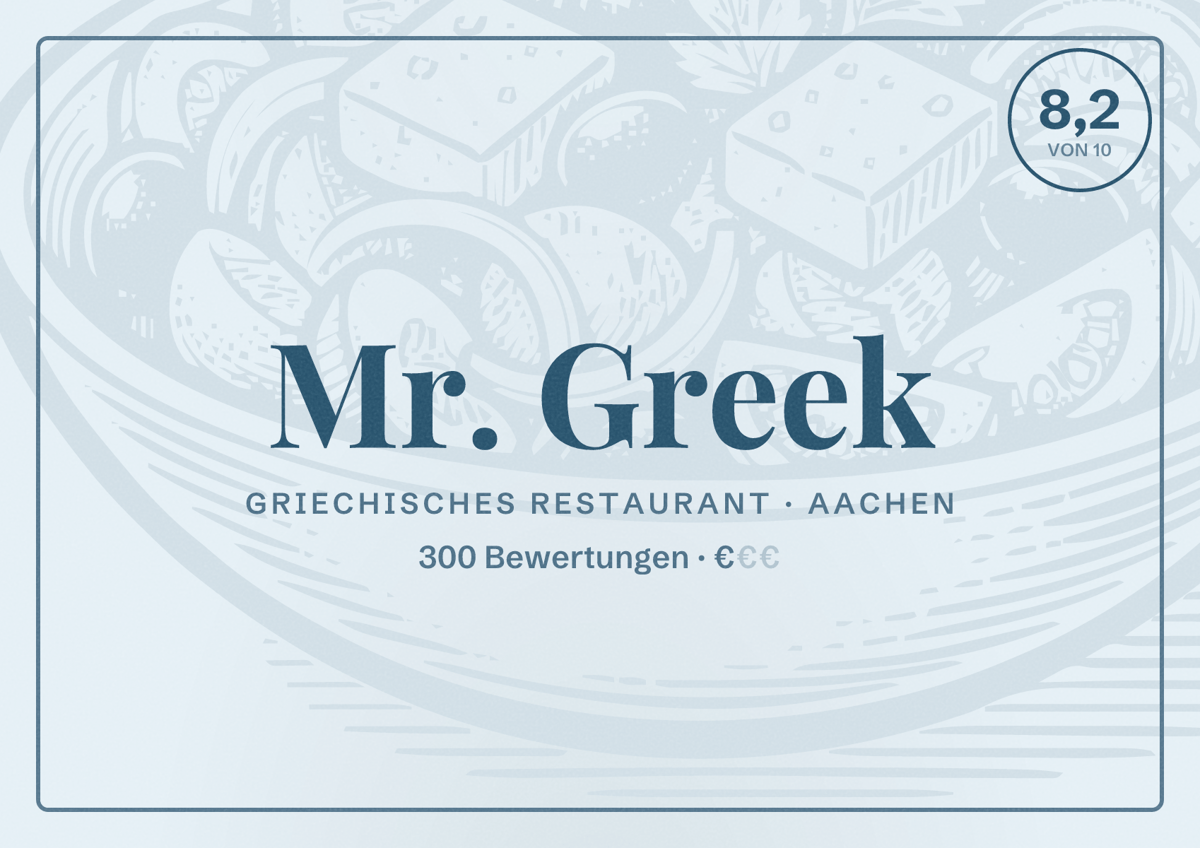 Illustriertes Poster von Mr. Greek, Griechisches Restaurant in Aachen: Bewertung 8,2 von 10 aus 300 Bewertungen, Preisniveau €