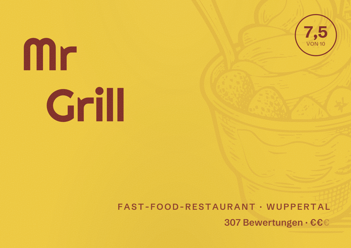 Illustriertes Poster von Mr Grill, Fast-Food-Restaurant in Wuppertal: Bewertung 7,5 von 10 aus 307 Bewertungen, Preisniveau €€