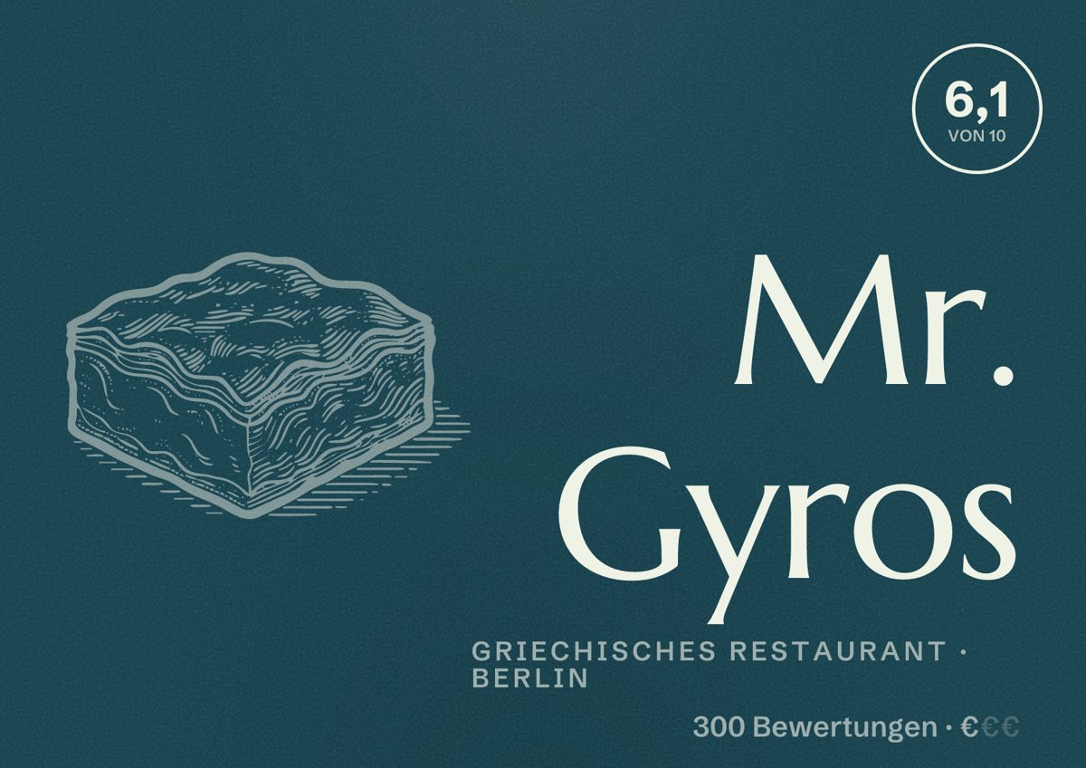 Illustriertes Poster von Mr. Gyros, Griechisches Restaurant in Berlin: Bewertung 6,1 von 10 aus 300 Bewertungen, Preisniveau €