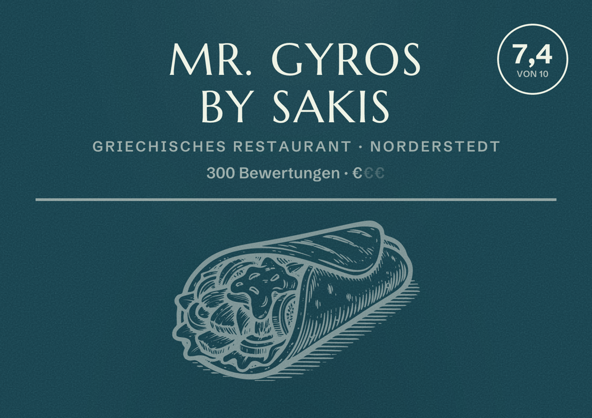 Illustriertes Poster von Mr. Gyros by Sakis, Griechisches Restaurant in Norderstedt: Bewertung 7,4 von 10 aus 300 Bewertungen, Preisniveau €