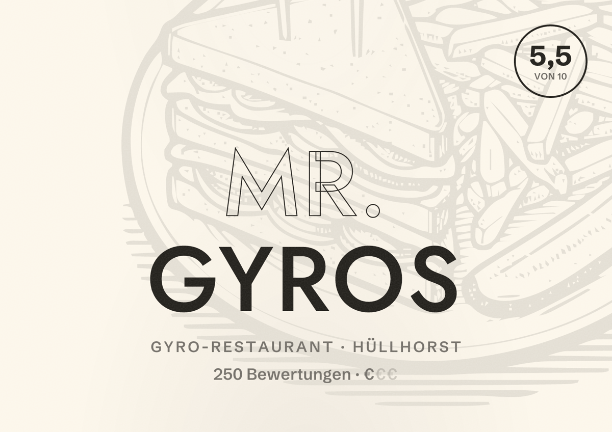 Illustriertes Poster von Mr. Gyros, Gyro-Restaurant in Hüllhorst: Bewertung 5,5 von 10 aus 250 Bewertungen, Preisniveau €