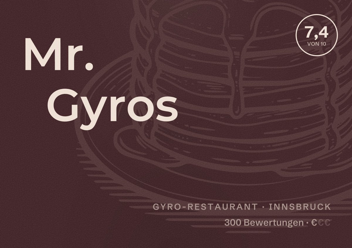 Illustriertes Poster von Mr. Gyros, Gyro-Restaurant in Innsbruck: Bewertung 7,4 von 10 aus 300 Bewertungen, Preisniveau €