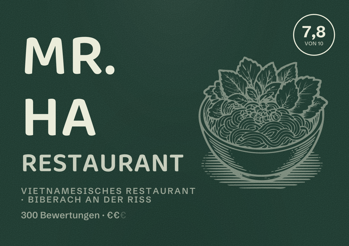 Illustriertes Poster von Mr. Ha Restaurant, Vietnamesisches Restaurant in Biberach an der Riß: Bewertung 7,8 von 10 aus 300 Bewertungen, Preisniveau €€
