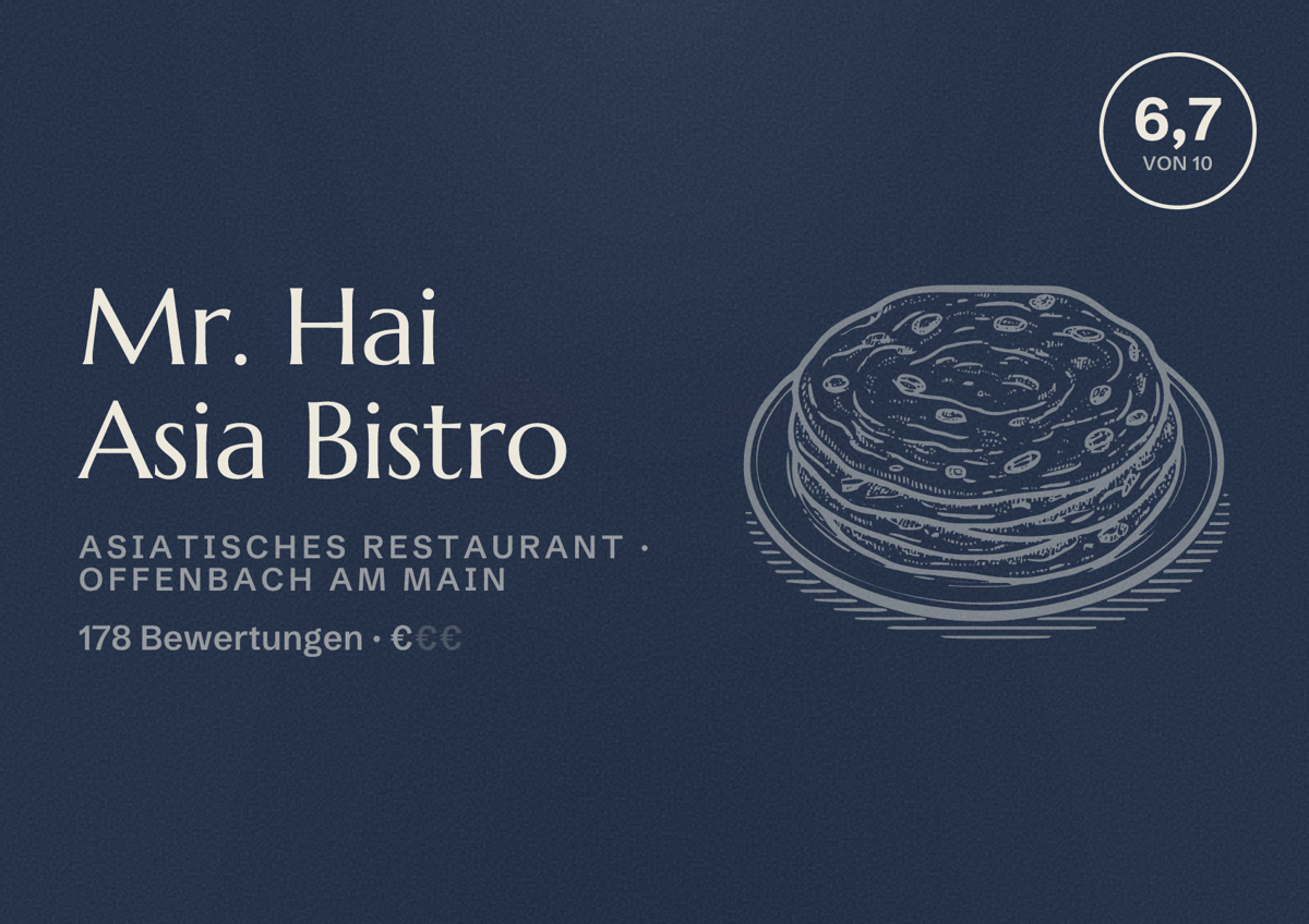 Illustriertes Poster von Mr. Hai Asia Bistro, Asiatisches Restaurant in Offenbach am Main: Bewertung 6,7 von 10 aus 178 Bewertungen, Preisniveau €