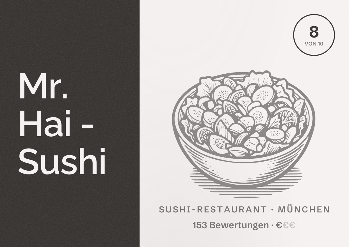 Illustriertes Poster von Mr. Hai - Sushi, Sushi-Restaurant in München: Bewertung 8,0 von 10 aus 153 Bewertungen, Preisniveau €
