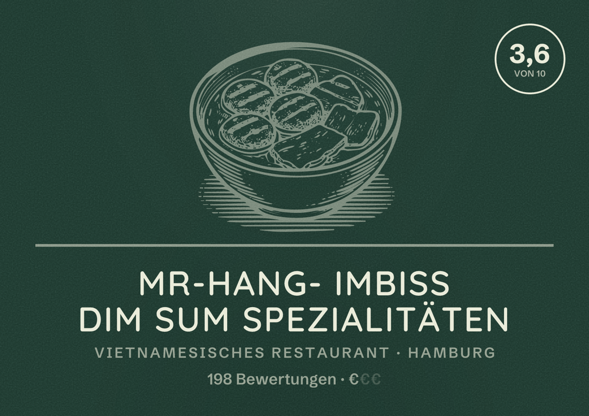 Illustriertes Poster von Mr-Hang- Imbiss Dim Sum Spezialitäten, Vietnamesisches Restaurant in Hamburg: Bewertung 3,6 von 10 aus 198 Bewertungen, Preisniveau €
