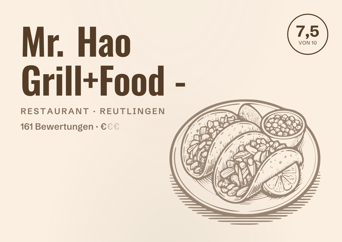 Illustriertes Poster von Mr. Hao Grill+Food -, Restaurant in Reutlingen: Bewertung 7,5 von 10 aus 161 Bewertungen, Preisniveau €