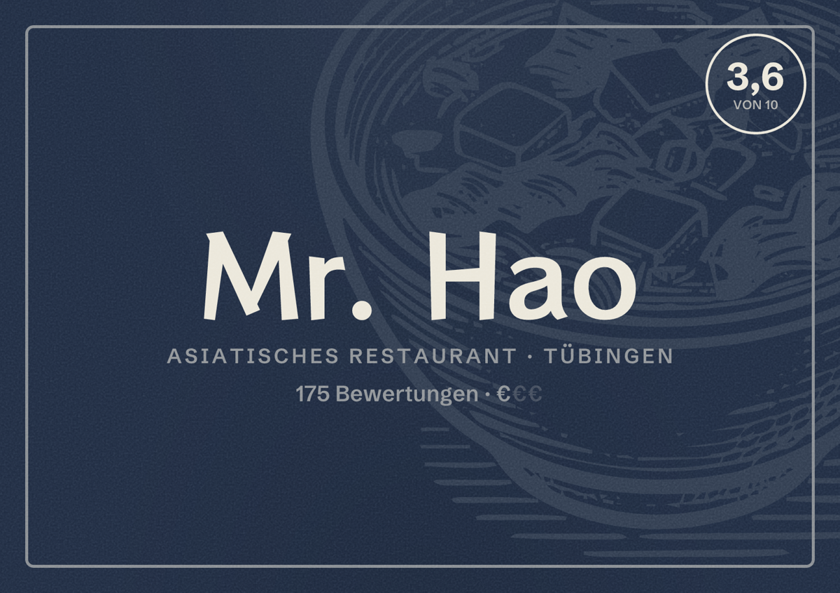 Illustriertes Poster von Mr. Hao, Asiatisches Restaurant in Tübingen: Bewertung 3,6 von 10 aus 175 Bewertungen, Preisniveau €