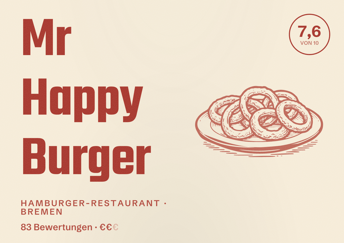 Illustriertes Poster von Mr Happy Burger, Hamburger-Restaurant in Bremen: Bewertung 7,6 von 10 aus 83 Bewertungen, Preisniveau €€