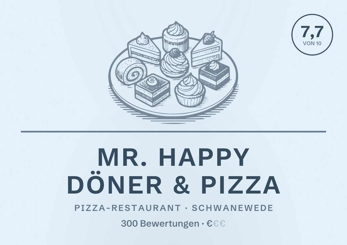 Illustriertes Poster von Mr. Happy Döner & Pizza, Pizza-Restaurant in Schwanewede: Bewertung 7,7 von 10 aus 300 Bewertungen, Preisniveau €
