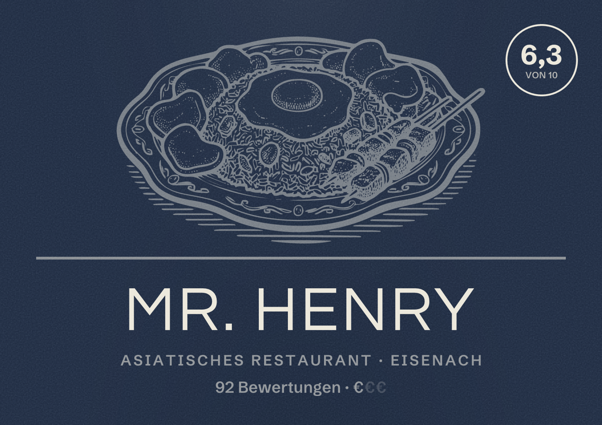 Illustriertes Poster von Mr. Henry, Asiatisches Restaurant in Eisenach: Bewertung 6,3 von 10 aus 92 Bewertungen, Preisniveau €