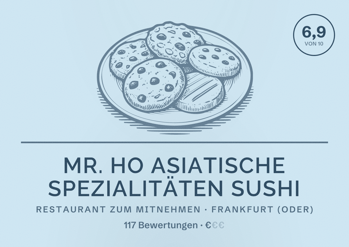 Illustriertes Poster von Mr. Ho Asiatische Spezialitäten Sushi, Restaurant zum Mitnehmen in Frankfurt (Oder): Bewertung 6,9 von 10 aus 117 Bewertungen, Preisniveau €