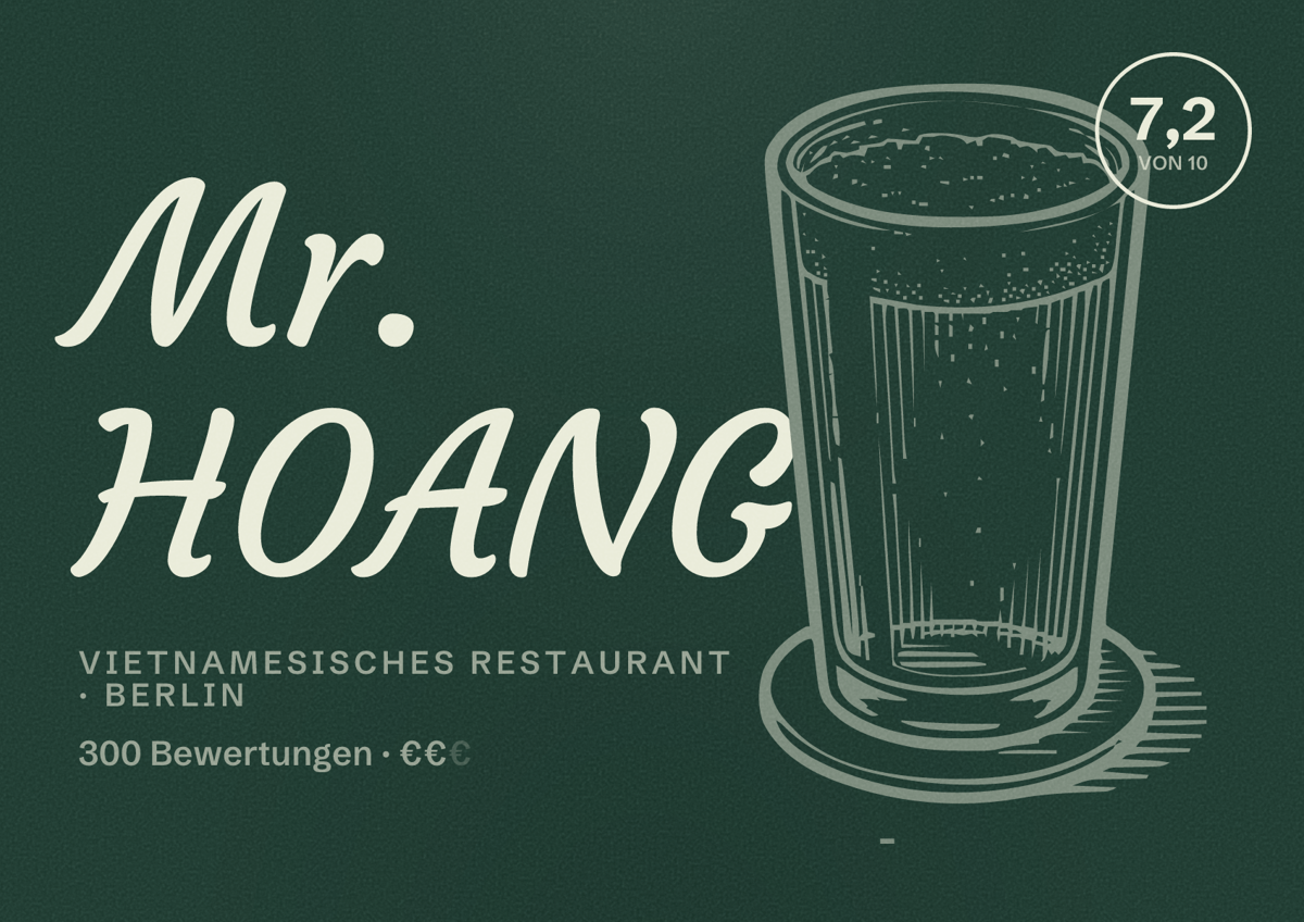 Illustriertes Poster von Mr. HOANG, Vietnamesisches Restaurant in Berlin: Bewertung 7,2 von 10 aus 300 Bewertungen, Preisniveau €€
