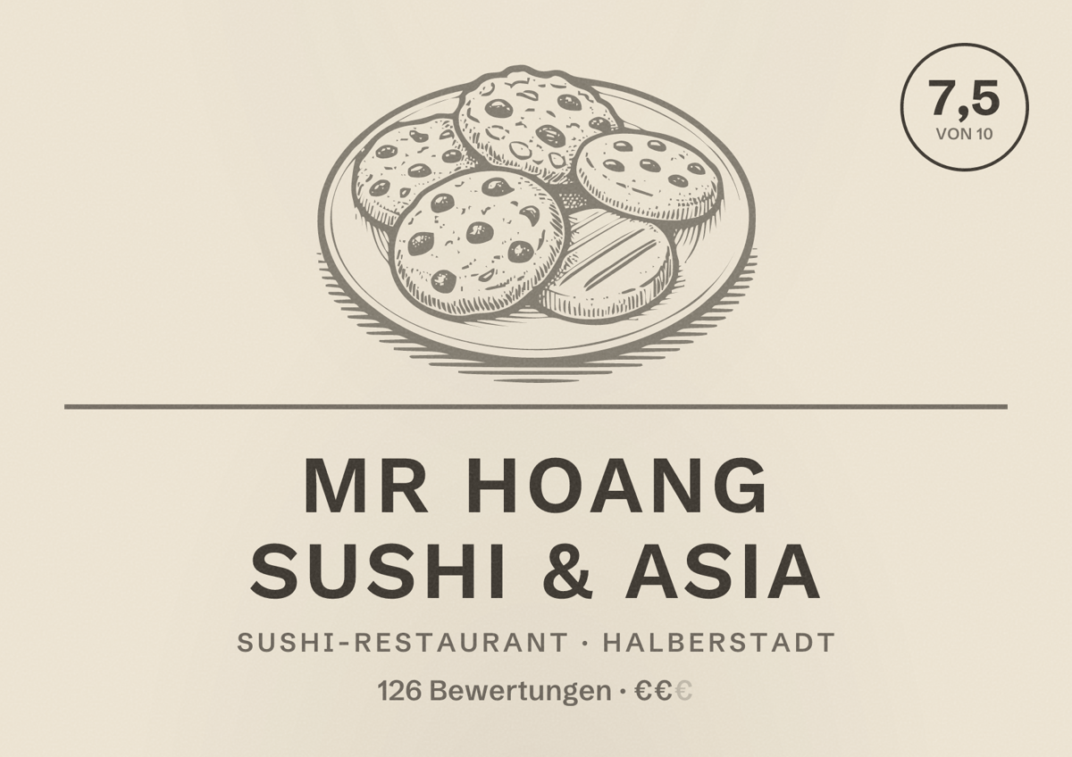Illustriertes Poster von Mr Hoang Sushi & Asia, Sushi-Restaurant in Halberstadt: Bewertung 7,5 von 10 aus 126 Bewertungen, Preisniveau €€
