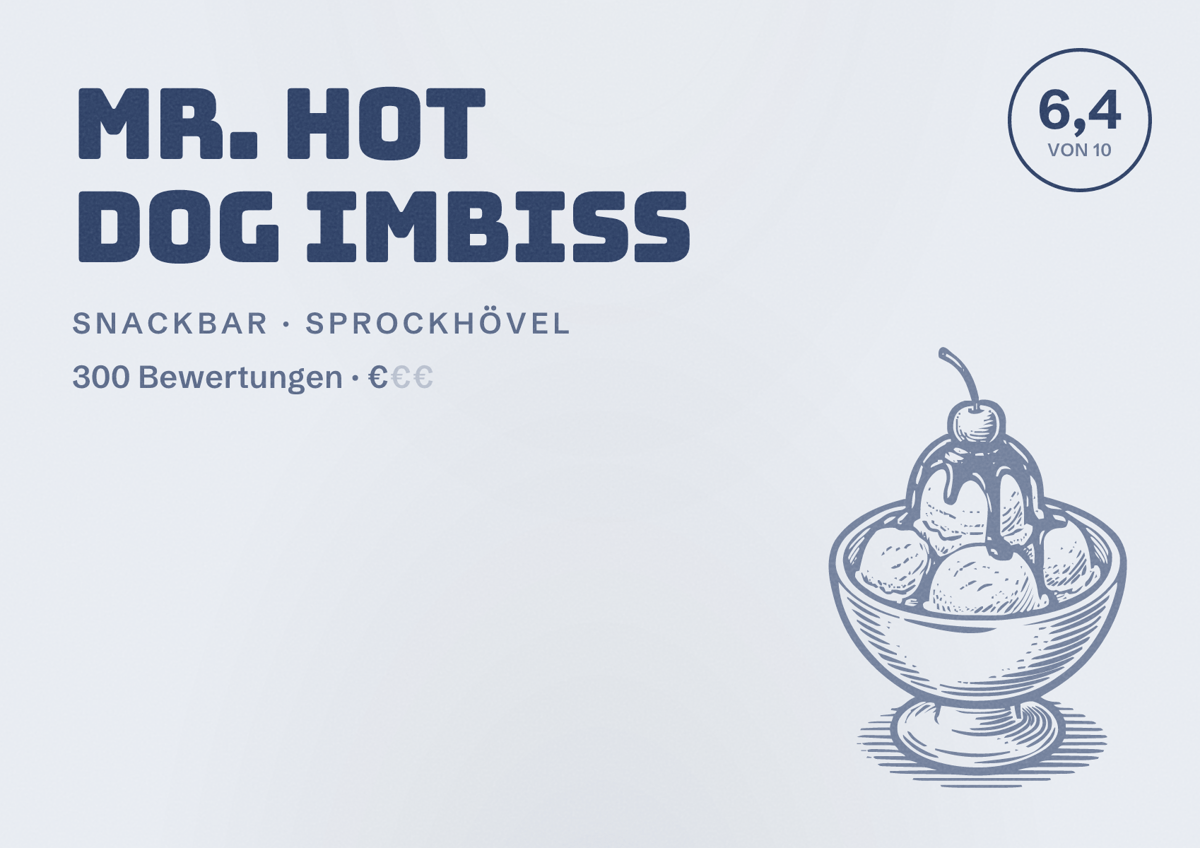 Illustriertes Poster von Mr. Hot Dog Imbiss, Snackbar in Sprockhövel: Bewertung 6,4 von 10 aus 300 Bewertungen, Preisniveau €