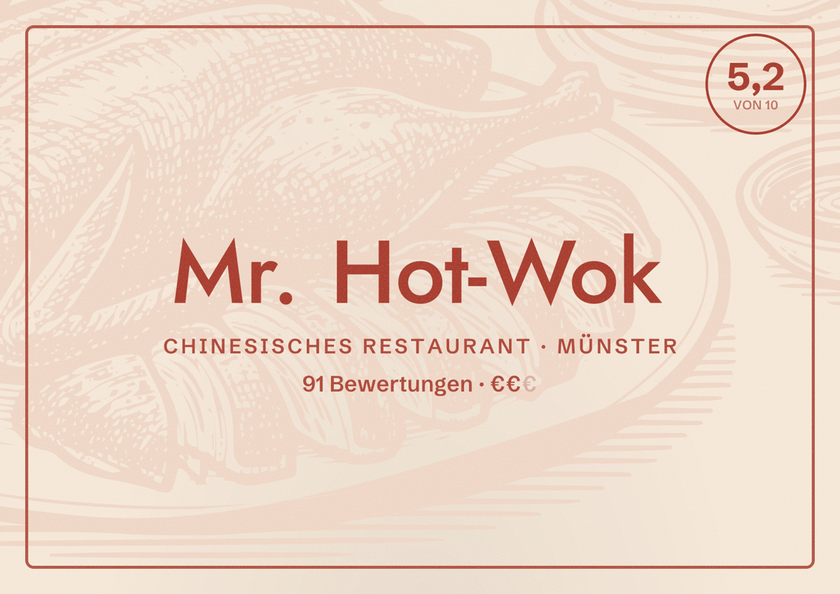 Illustriertes Poster von Mr. Hot-Wok, Chinesisches Restaurant in Münster: Gästebewertung 5,2 von 10 aus 91 Bewertungen