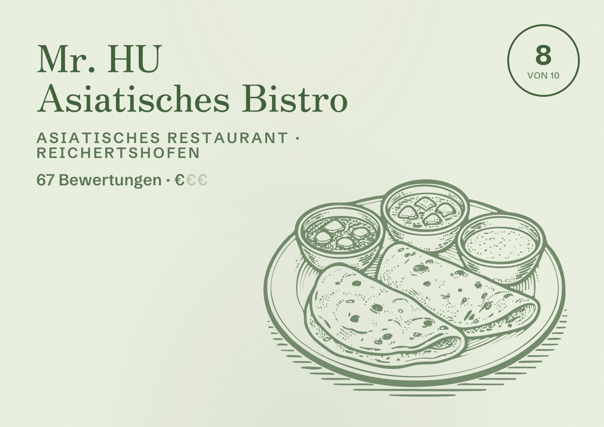 Illustriertes Poster von Mr. HU Asiatisches Bistro, Asiatisches Restaurant in Reichertshofen: Bewertung 8 von 10 aus 67 Bewertungen, Preisniveau €